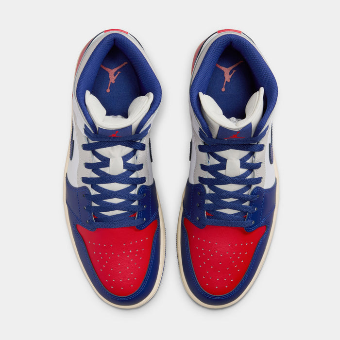 Air Jordan 1 Mid Mens Basketball Shoes (White/Deep Royal Blue/University Red)