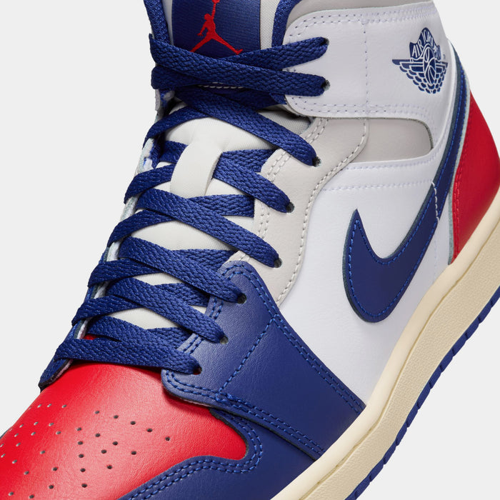 Air Jordan 1 Mid Mens Basketball Shoes (White/Deep Royal Blue/University Red)