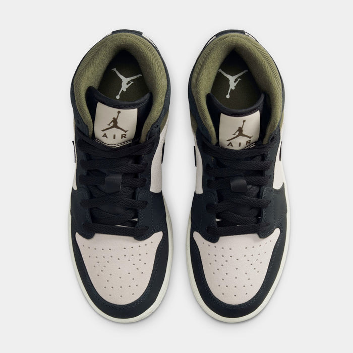 Air Jordan 1 Mid SE Grade School Lifestyle Shoes (Light Orewood Brown/Medium Olive/Sail/Off Noir)