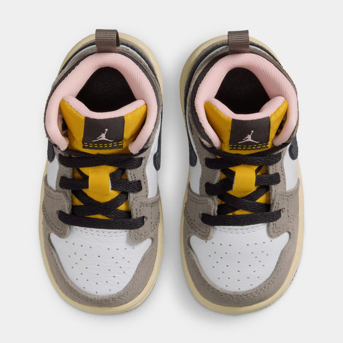 Air Jordan 1 Mid SE Infant Toddler Lifestyle Shoes (White/Cave Stone/Dark Sulfur/Oil Grey)
