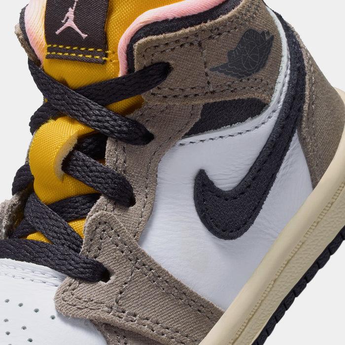 Air Jordan 1 Mid SE Infant Toddler Lifestyle Shoes (White/Cave Stone/Dark Sulfur/Oil Grey)