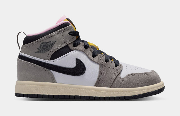 Air Jordan 1 Mid SE Preschool Lifestyle Shoes (White/Oil Grey/Cave Stone/Dark Sulfur)