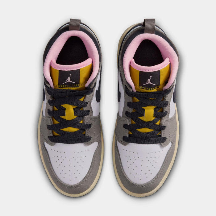 Air Jordan 1 Mid SE Preschool Lifestyle Shoes (White/Oil Grey/Cave Stone/Dark Sulfur)