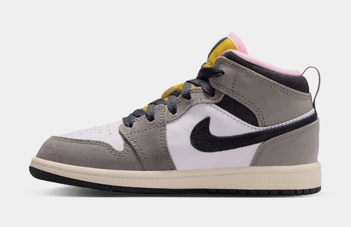 Air Jordan 1 Mid SE Preschool Lifestyle Shoes (White/Oil Grey/Cave Stone/Dark Sulfur)