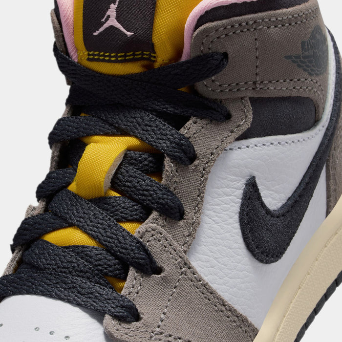 Air Jordan 1 Mid SE Preschool Lifestyle Shoes (White/Oil Grey/Cave Stone/Dark Sulfur)