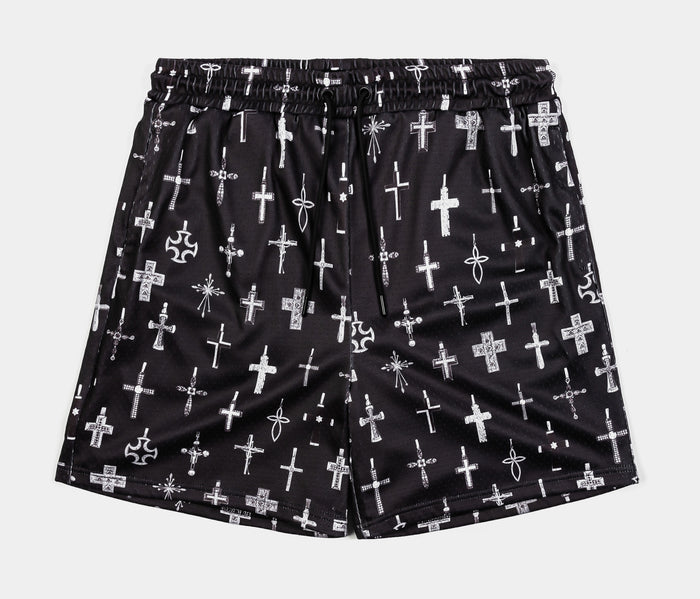 All Over Print Crosses Mesh Mens Shorts (Black/Grey)