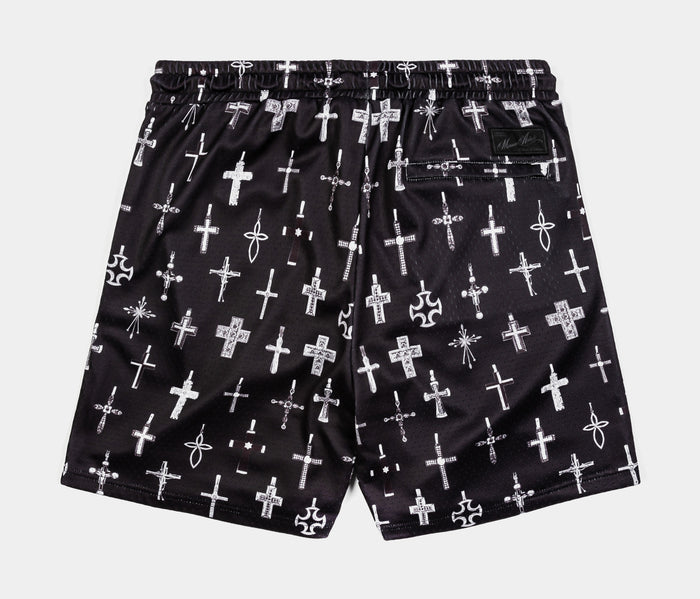 All Over Print Crosses Mesh Mens Shorts (Black/Grey)