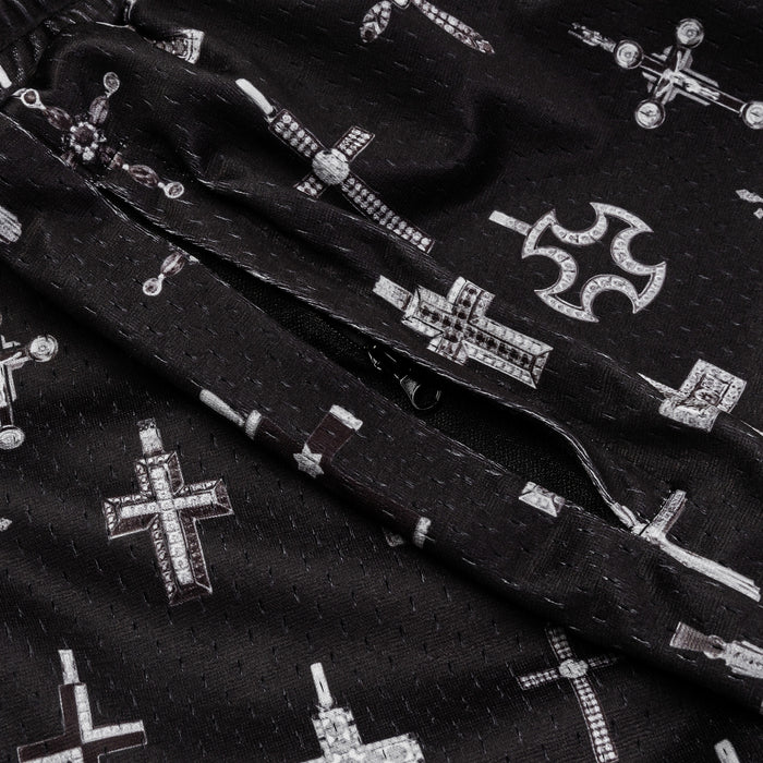 All Over Print Crosses Mesh Mens Shorts (Black/Grey)