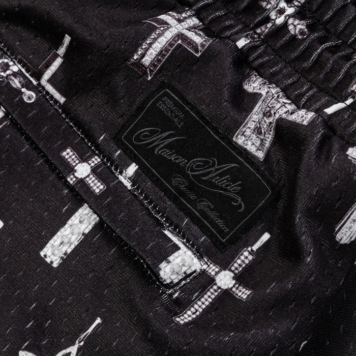 All Over Print Crosses Mesh Mens Shorts (Black/Grey)
