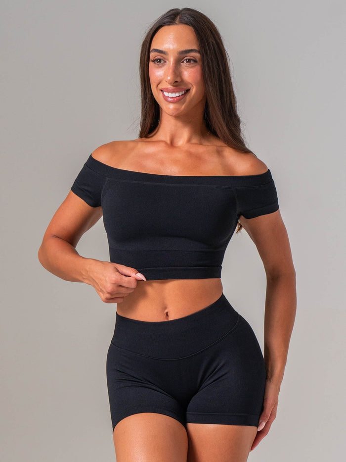 Boost Off The Shoulder Crop - Black Clothing Ryderwear