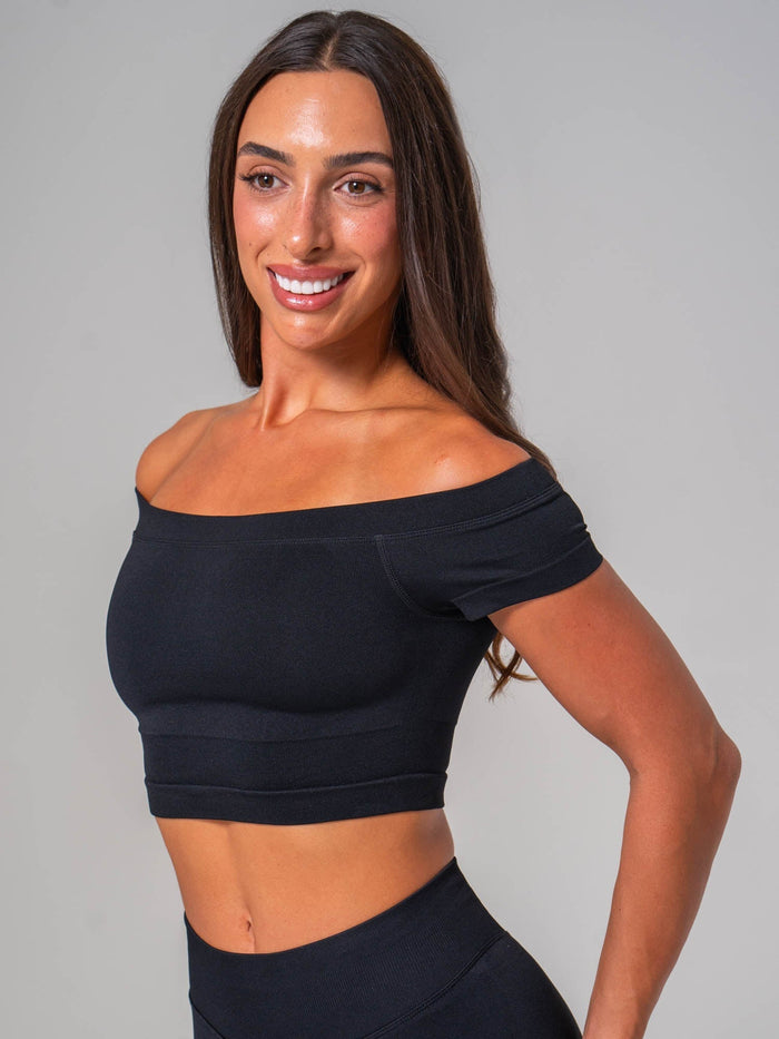 Boost Off The Shoulder Crop - Black Clothing Ryderwear