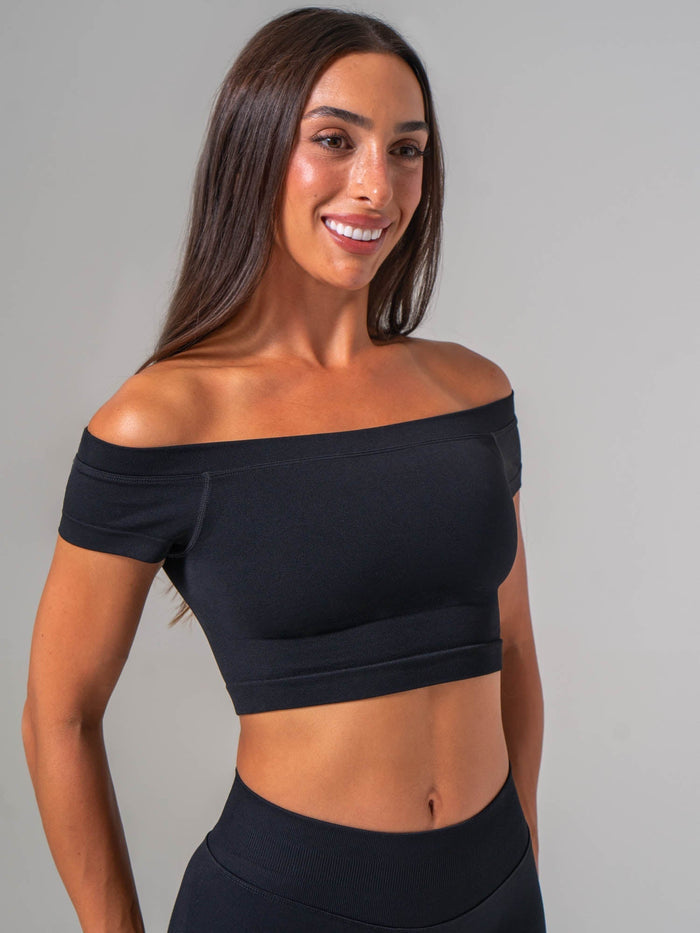 Boost Off The Shoulder Crop - Black Clothing Ryderwear
