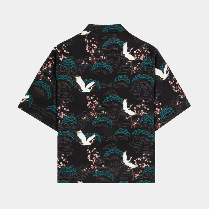 Crane Blossom Button Up Mens Short Sleeve Shirt (Black/Green)