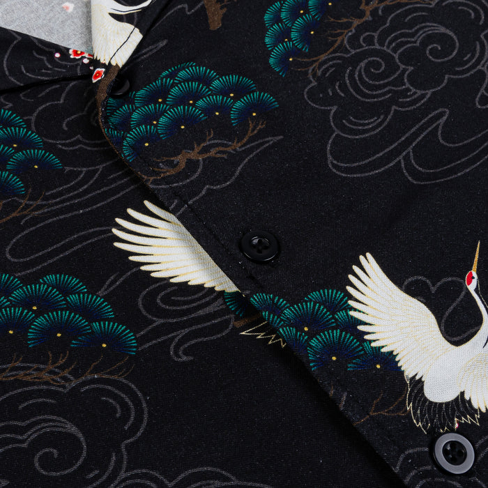 Crane Blossom Button Up Mens Short Sleeve Shirt (Black/Green)