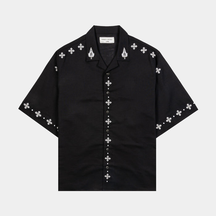 Crosses Cotton Button Up Mens Short Sleeve Shirt (Black/White)