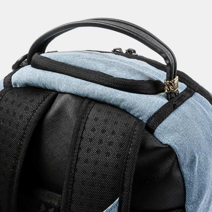 Denim Shark Bite Mens Backpack (Blue/Brown)
