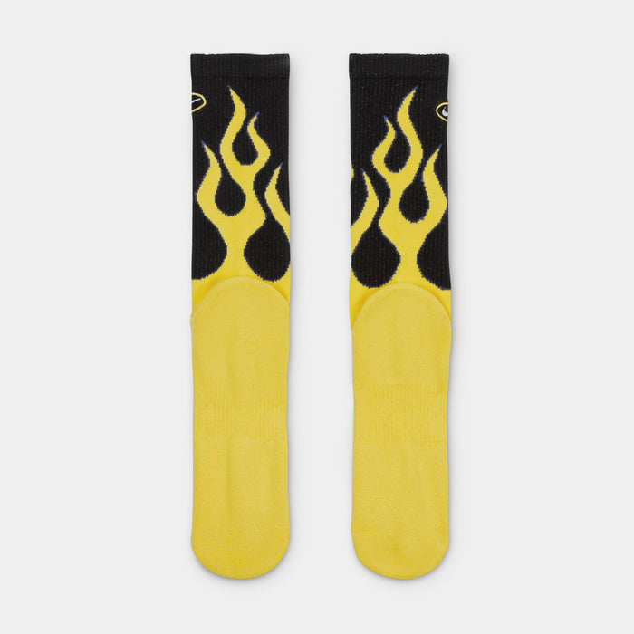 Everyday Plush Cushioned Crew Flames Mens Socks (Black/Tour Yellow/White)