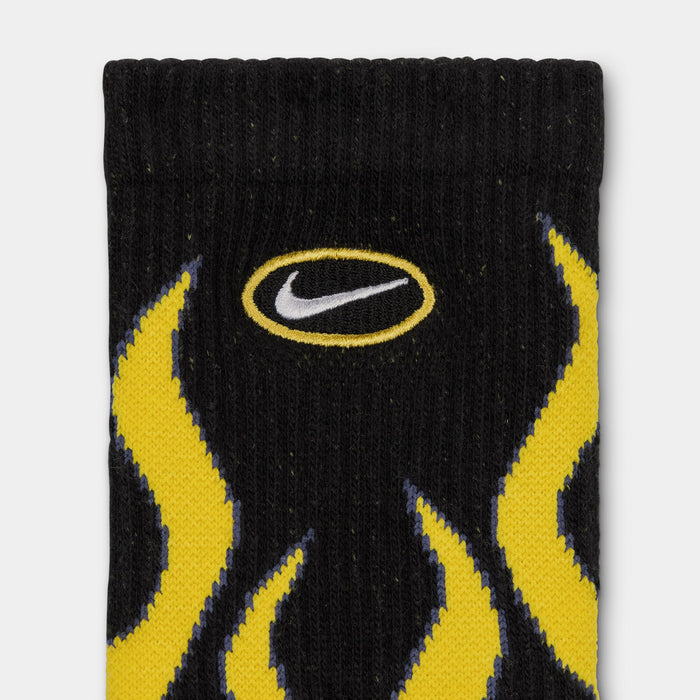 Everyday Plush Cushioned Crew Flames Mens Socks (Black/Tour Yellow/White)