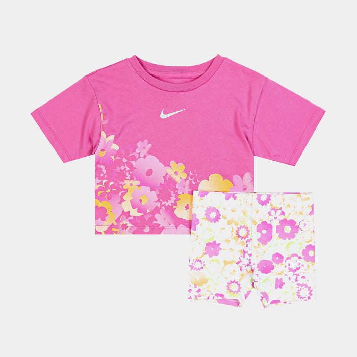 Floral All Over Print Biker Short Preschool Set (Pink/White)