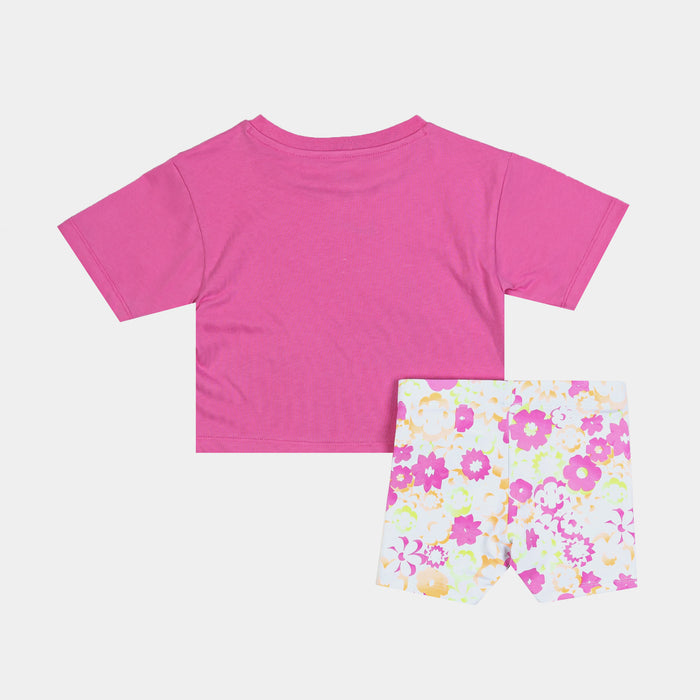Floral All Over Print Biker Short Preschool Set (Pink/White)