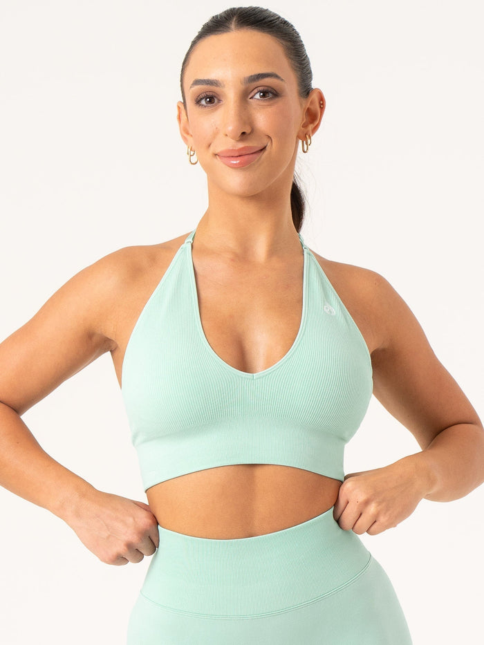 Lift Rib Seamless Halter Sports Bra - Aqua Clothing Ryderwear