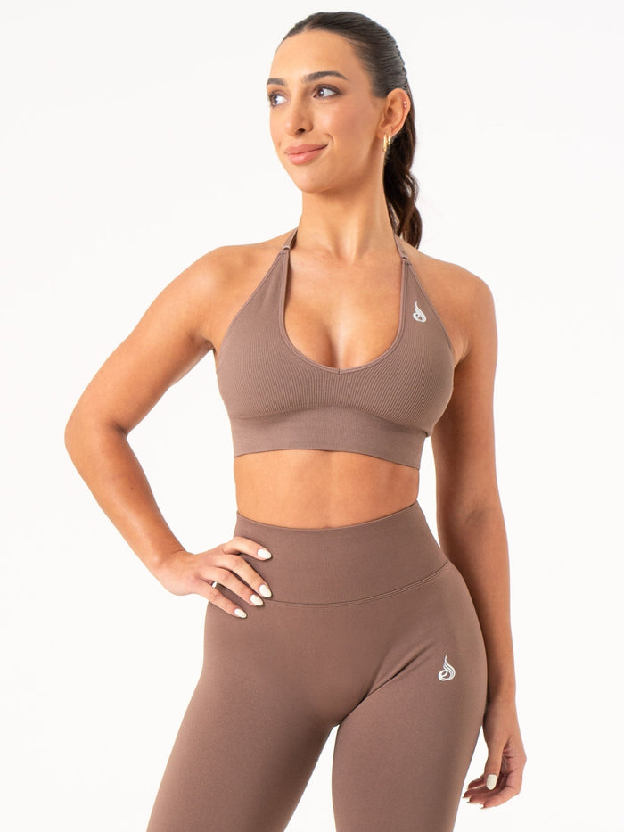 Lift Rib Seamless Halter Sports Bra - Espresso Clothing Ryderwear