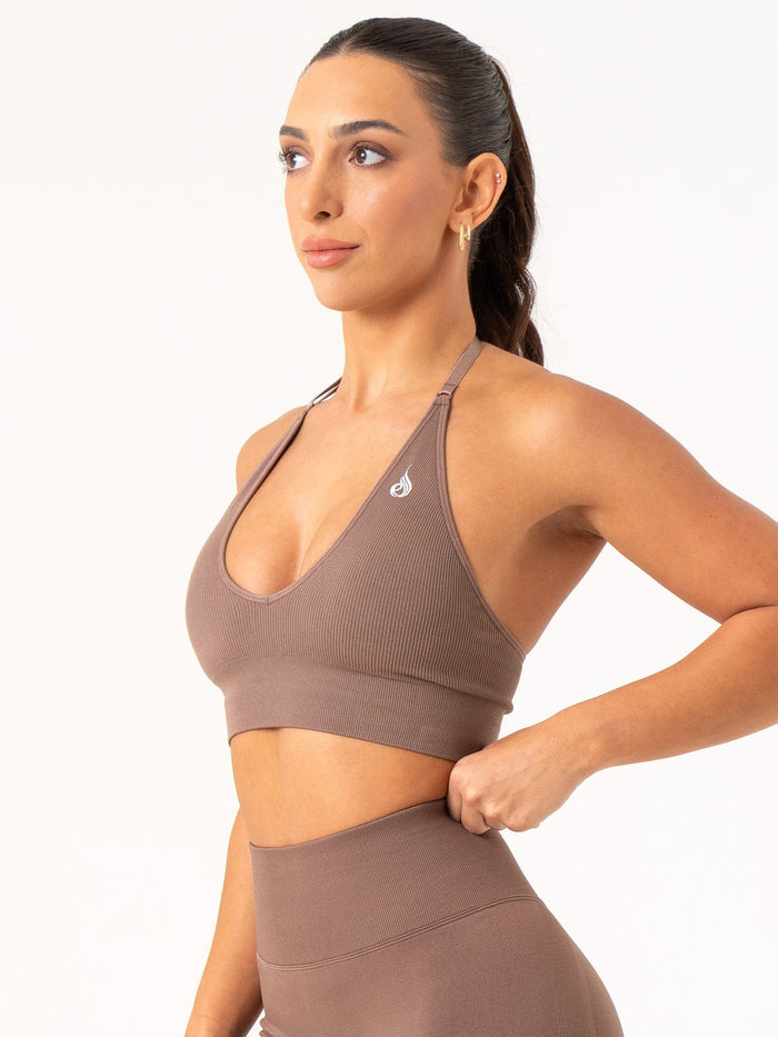 Lift Rib Seamless Halter Sports Bra - Espresso Clothing Ryderwear