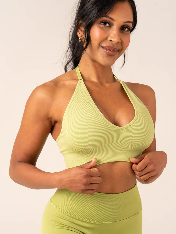 Lift Rib Seamless Halter Sports Bra - Olive Clothing Ryderwear