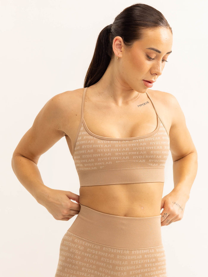 Logo Lux Seamless Sports Bra - Tan Clothing Ryderwear