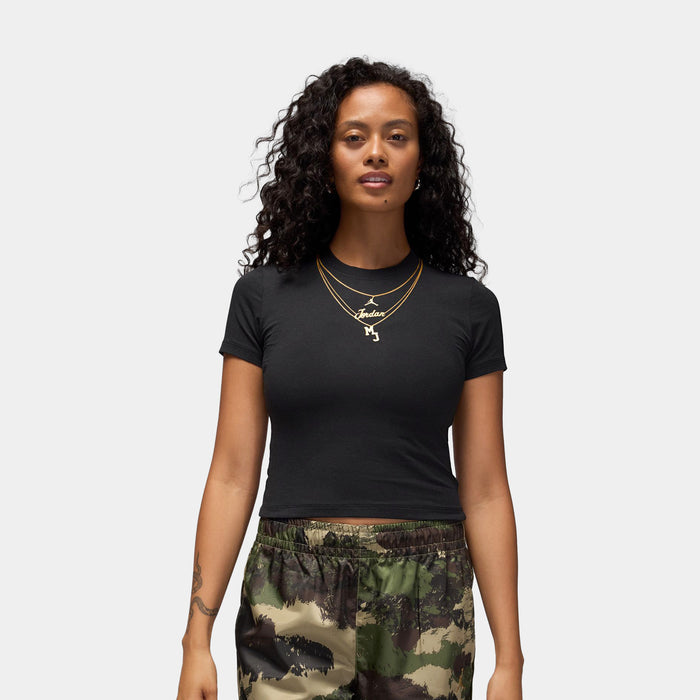 MJ Necklace Graphic Womens Short Sleeve Shirt (Black/Gold)