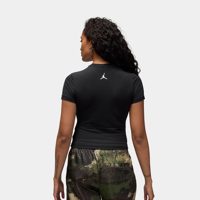 MJ Necklace Graphic Womens Short Sleeve Shirt (Black/Gold)