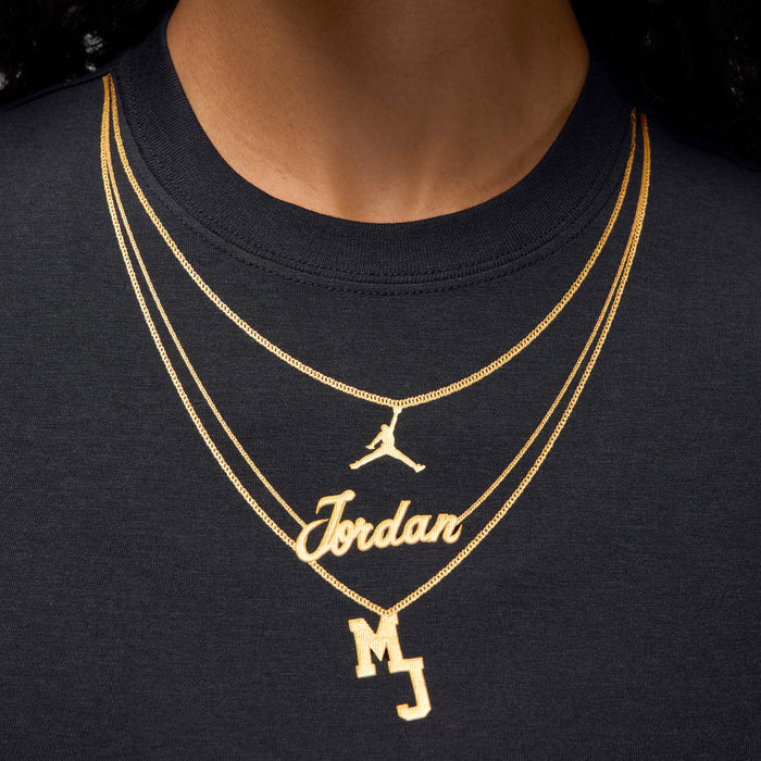 MJ Necklace Graphic Womens Short Sleeve Shirt (Black/Gold)