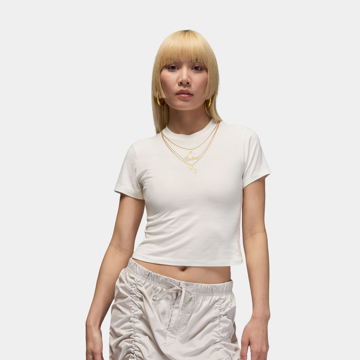 MJ Necklace Graphic Womens Short Sleeve Shirt (White/Gold)