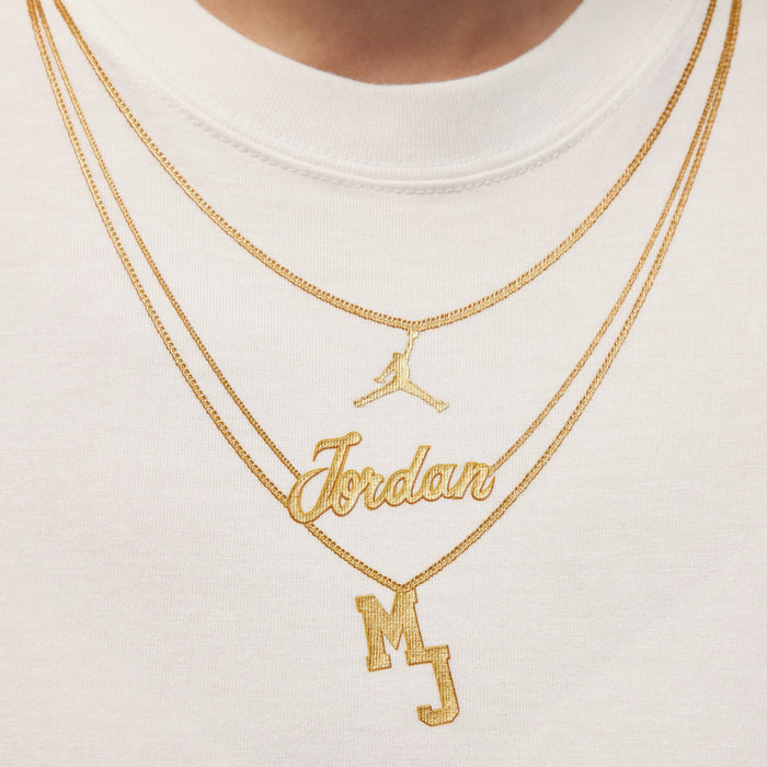 MJ Necklace Graphic Womens Short Sleeve Shirt (White/Gold)