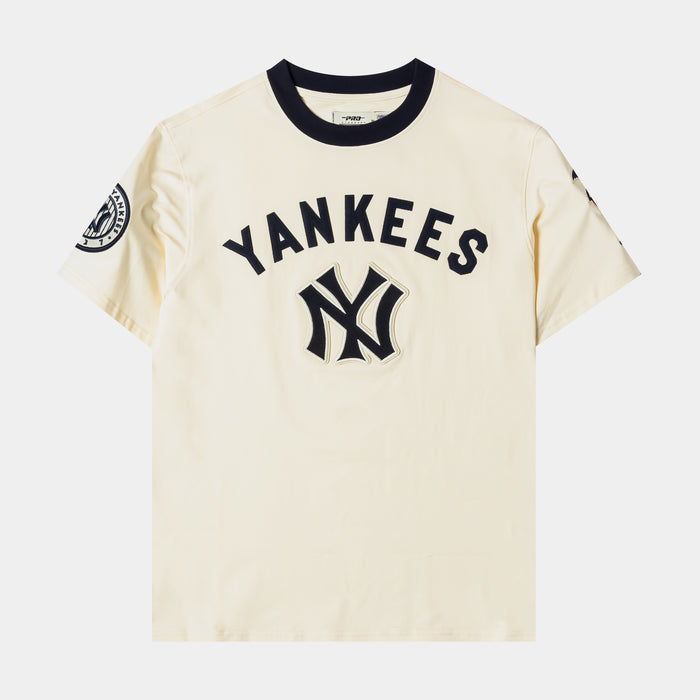 New York Yankees Originals Ringer Mens Short Sleeve Shirt (Beige/Blue)