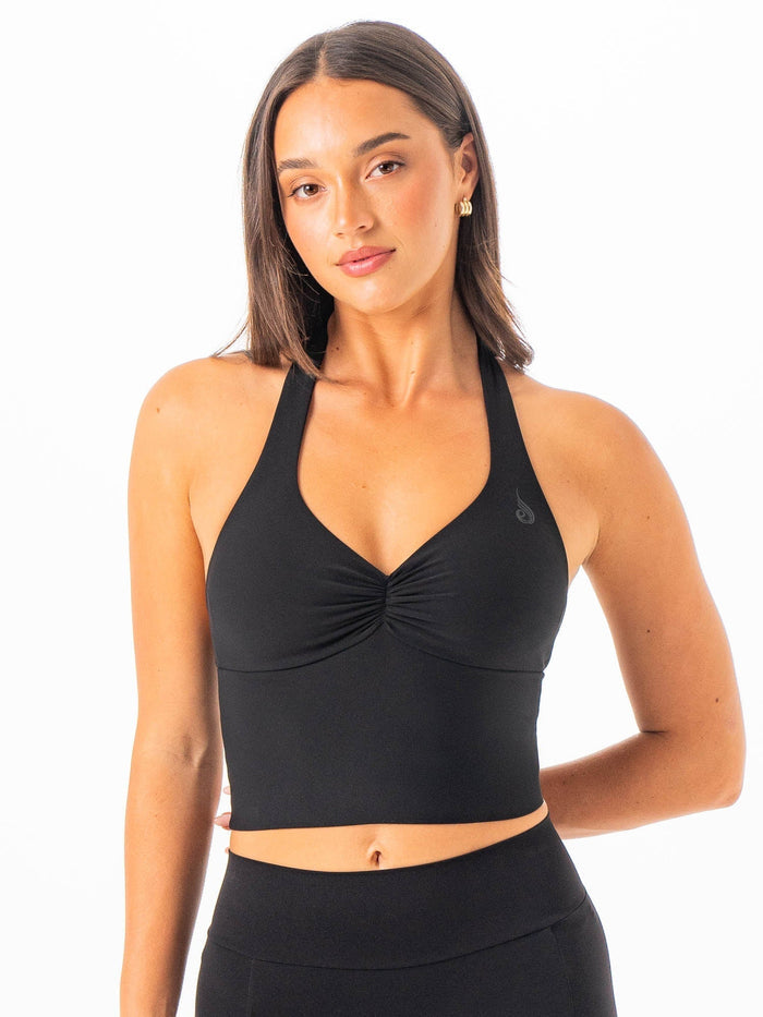NKD Scrunch Halter Tank - Black Clothing Ryderwear