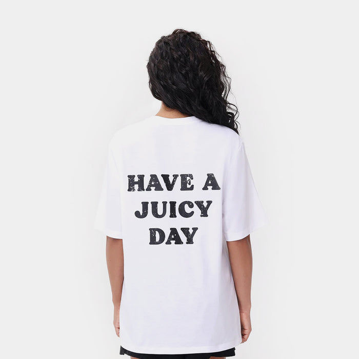 Oversized Have A Juicy Day Graphic Womens Short Sleeve Shirt (White/Black)