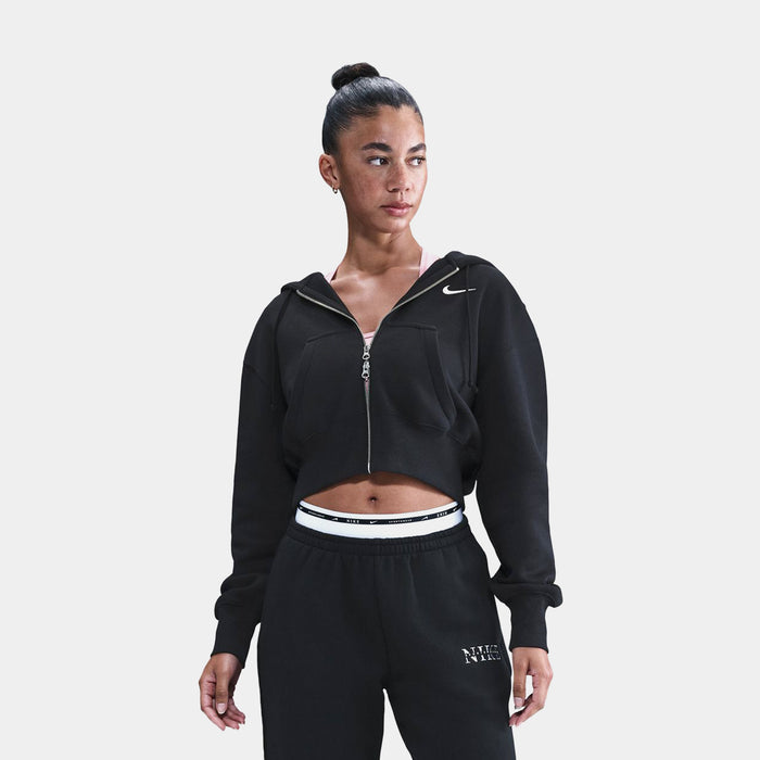 Phoenix Fleece Loose Full Zip Cropped Womens Hoodie (Black/Sail)