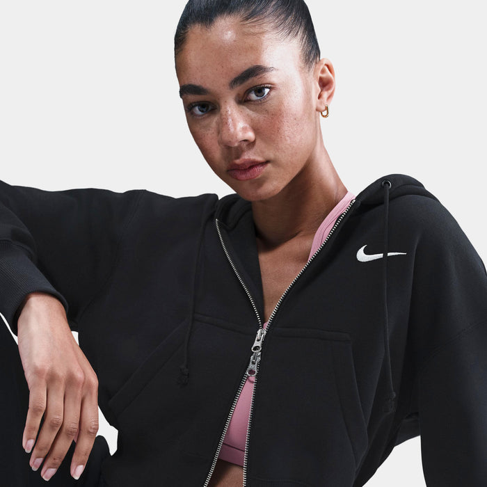 Phoenix Fleece Loose Full Zip Cropped Womens Hoodie (Black/Sail)