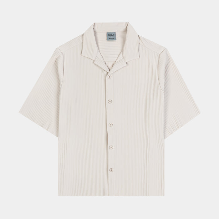 Pleated Button Up Mens Short Sleeve Shirt (Cream)