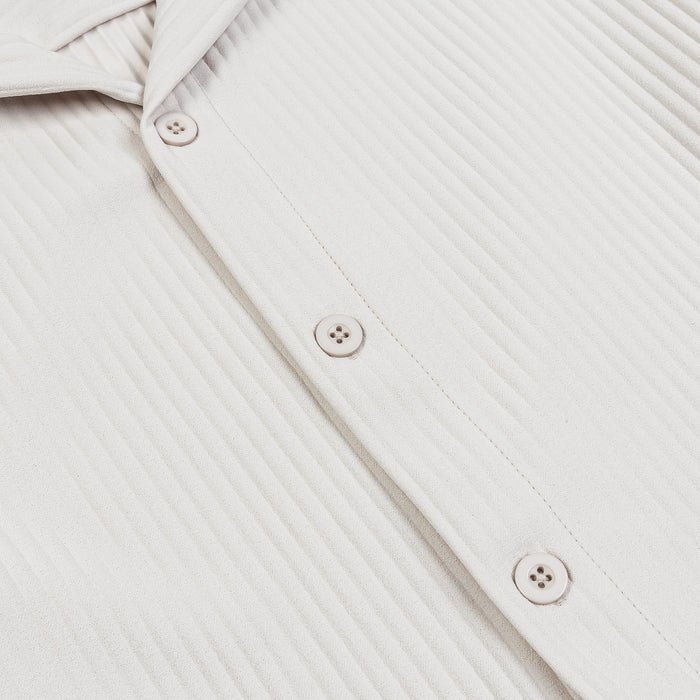 Pleated Button Up Mens Short Sleeve Shirt (Cream)