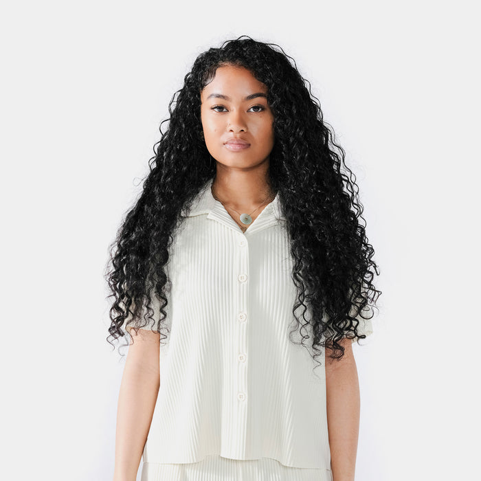 Pleated Button Up Womens Short Sleeve Shirt (Cream)