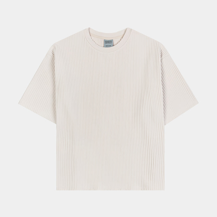 Pleated Knit Mens Short Sleeve Shirt (Cream)