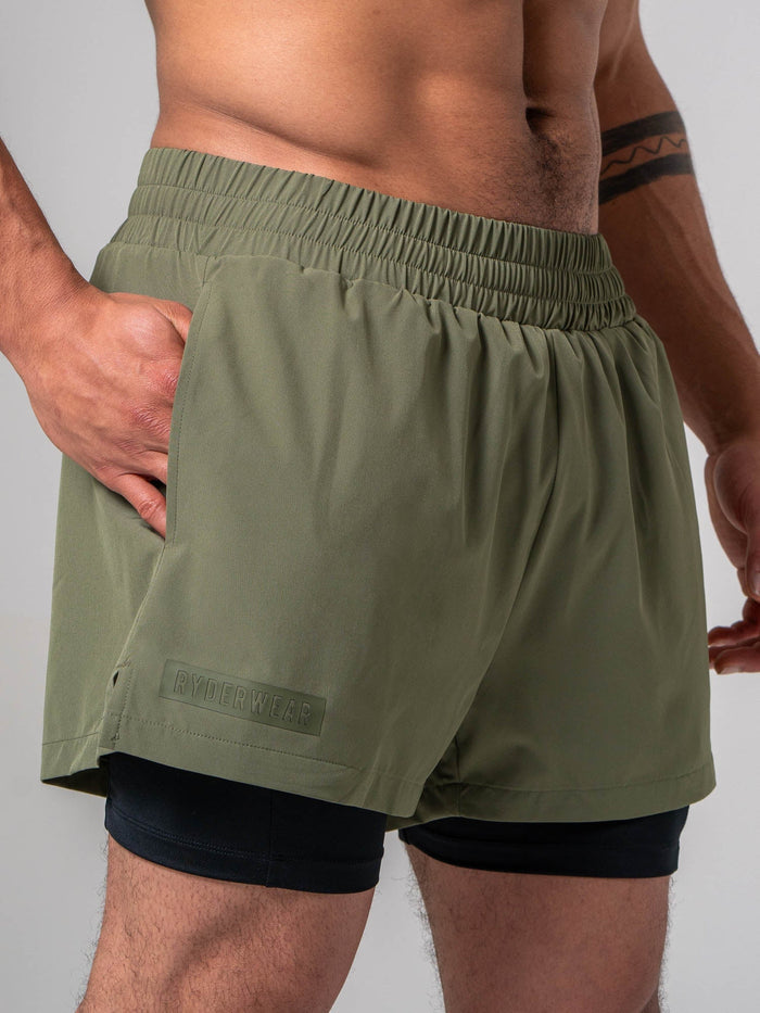Pursuit 2 In 1 Training Shorts - Khaki Clothing Ryderwear