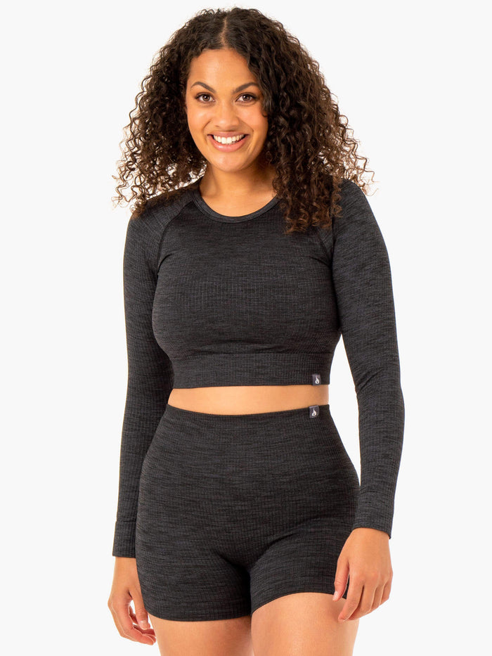 Rib Seamless Long Sleeve Top - Black Marl Clothing Ryderwear