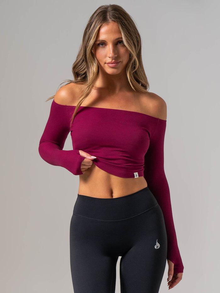 Ribbed Off Shoulder Long Sleeve Top - Wine Clothing Ryderwear