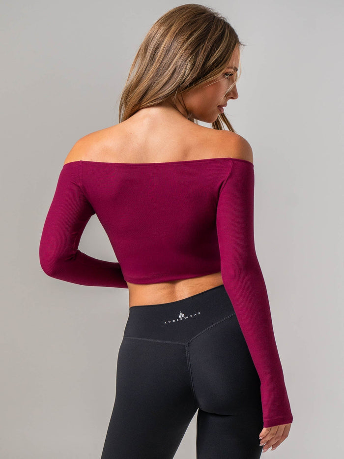 Ribbed Off Shoulder Long Sleeve Top - Wine Clothing Ryderwear