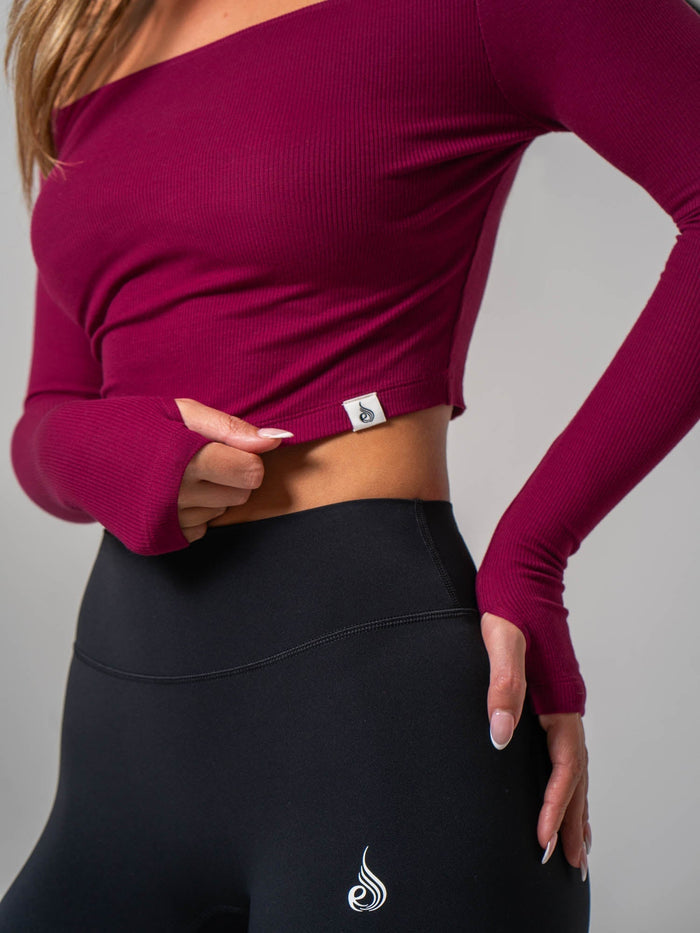 Ribbed Off Shoulder Long Sleeve Top - Wine Clothing Ryderwear