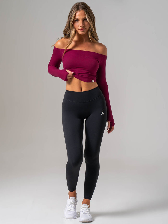 Ribbed Off Shoulder Long Sleeve Top - Wine Clothing Ryderwear
