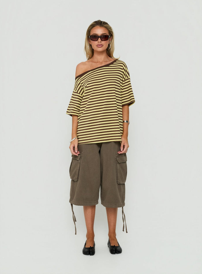 Settle Down One Shoulder Top Yellow / Chocolate Stripe